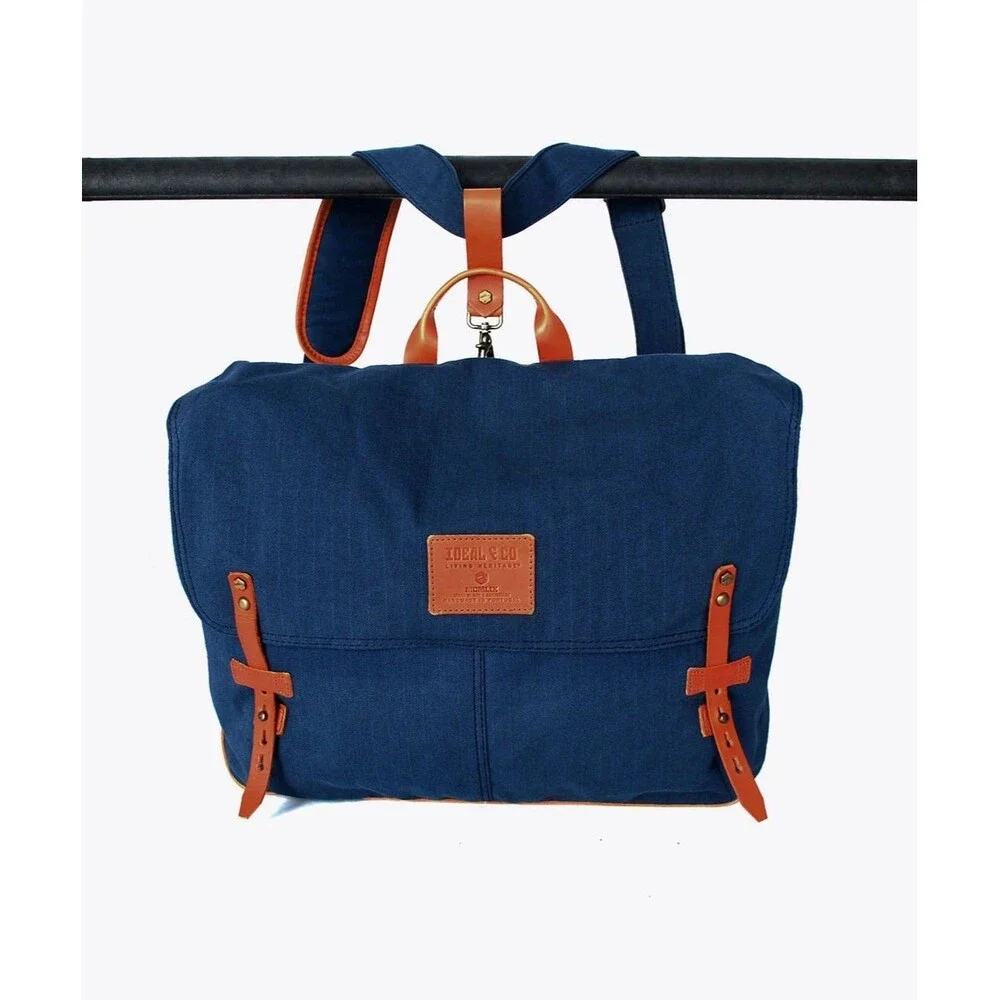 Ideal & Co Heritage Handmade Alcaide Messenger Bag Backpack Navy Canvas Leather